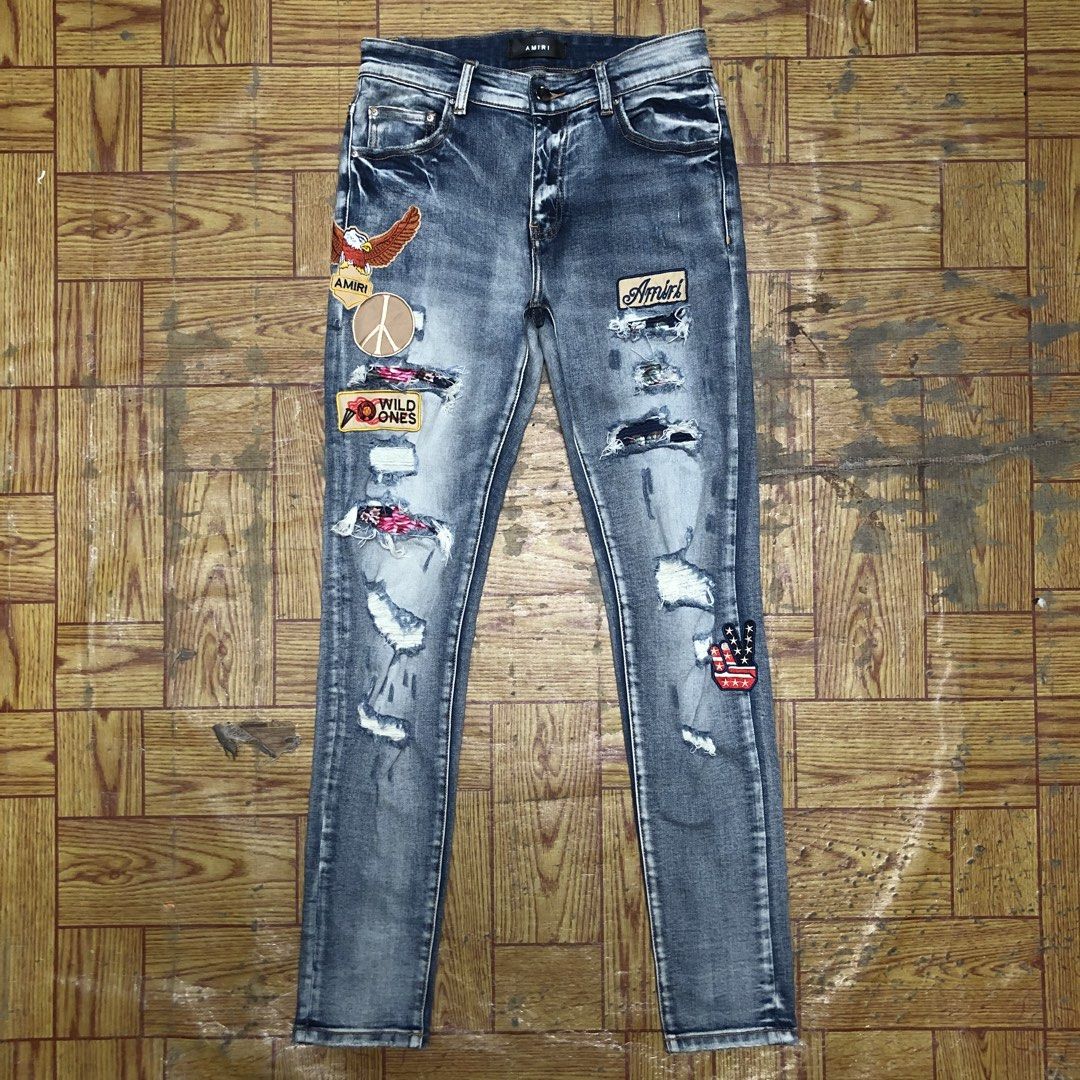 AMIRI MULTI PATCH BIKER JEANS (Category: Jeans) located in Dasmarinas. Submitted by cornyxmessy (Listing ID 1459779492, Image 1). Description: waist - 30 to 32 length - 41.