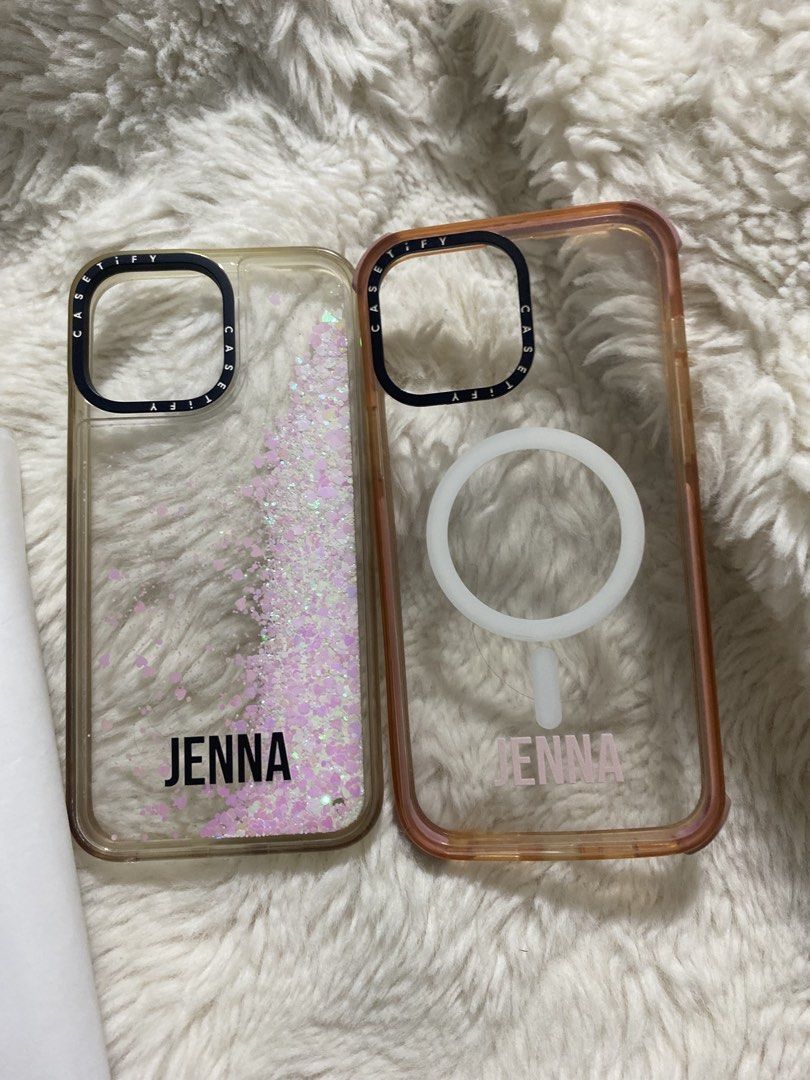Authentic CASETiFY iPhone 13 Pro Max Cases - Customized "JENNA" (Bundle or Solo) (Category: Cases & Sleeves) located in Bacoor. Submitted by brandedluxuryshop (Listing ID 1459896704, Image 1). Description: Authentic CASETiFY iPhone 13 Pro Max Cases (Customized “JENNA”) Selling a pair of authentic CASETiFY phone cases for iPhone 13 Pro Max, customized with the name “JENNA”. Perfect if your name is Jenna or as a gift! Case 1: • Pink Liquid Glitter 