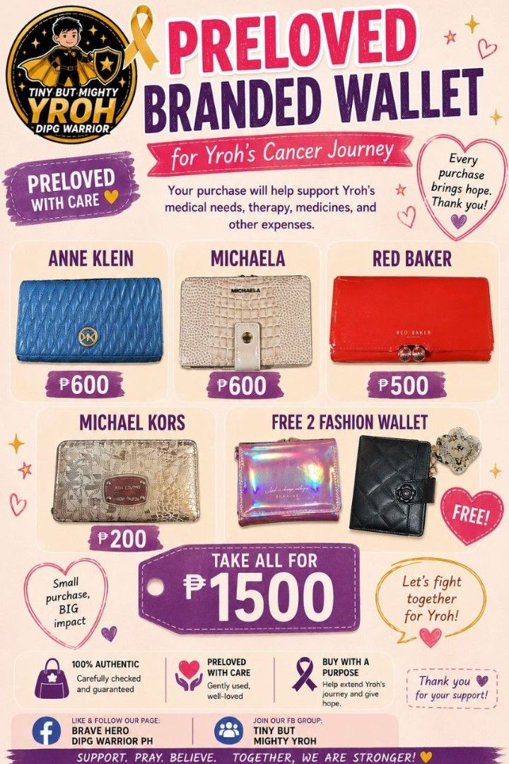 Authentic wallets (Category: Wallets & Card holders) located in Bulacan. Submitted by tinybutmightyyroh (Listing ID 1459808414, Image 1). Description: 🎗️ ISANG PANAWAGAN NG PAGMAMAHAL AT PAG-ASA PARA KAY LITTLE HERO BRENNAN 🎗️ Sa unang tingin, mukhang normal at walang sakit si Yroh. Hindi siya kalbo, at wala kang makikitang bukol sa kanyang mukha o katawan. Ngunit sa likod ng kanyang ngiti at kaayusan, may taning na ang buhay ng ating munting b