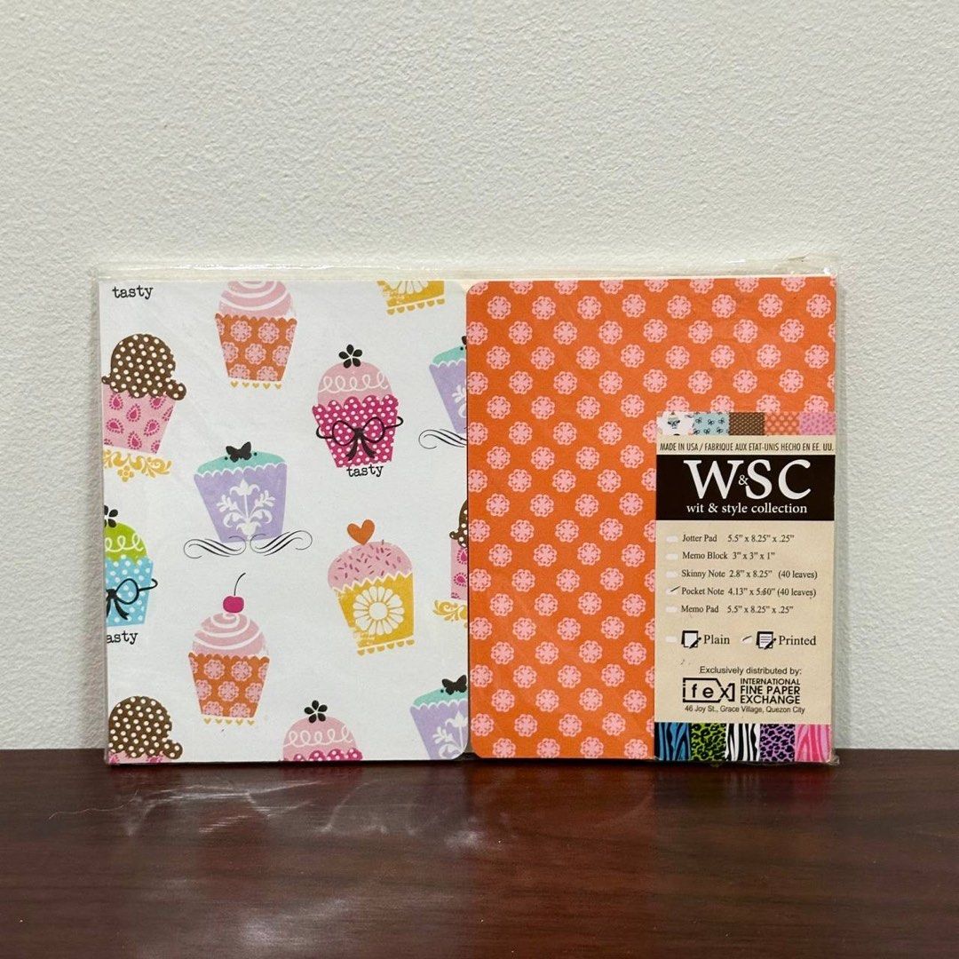 [Authentic] W&S Cupcake Pattern Jotter Pad Memo Pad Stationery Set (Category: Stationery & School Supplies) located in Quezon City. Submitted by brandedusagoodies (Listing ID 1459877107, Image 1). Description: Cute vintage-style W&S wit & style collection stationery set featuring colorful cupcake designs and a coordinating orange floral pattern. Brand • W&S wit & style collection • International Fine Paper Exchange Design • Cupcake pattern • Oran