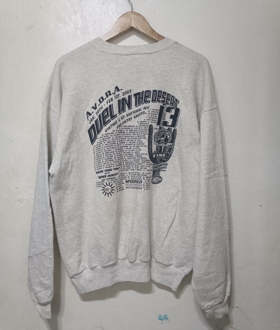 AVDAA 2009 long sleeve shirt (Category: Coats, Jackets and Outerwear) located in Muntinlupa City. Submitted by kamiseta01 (Listing ID 1459729329, Image 2). Description: a vintage gray crewneck sweatshirt featuring a colorful graphic for the A.V.D.A.A. "Duel in the Desert 13" vintage and GP national motocross, cross-country, and trials event held from January 30 to February 1, 2009. 23 by 28 dimes details posted.