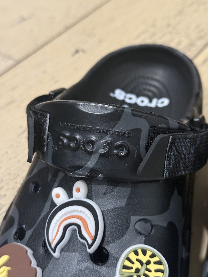 BAPE x Crocs Camo Clogs with Charms (Category: Slippers & Slides) located in Quezon City. Submitted by alphonse13 (Listing ID 1459788969, Image 3). Description: - Class A BAPE Camo Crocs - Size: 9 Men's / 11 Women's - Includes exclusive Jibbitz: APE, BAPE Shark, Tiger - Bought in Malaysia for 100 MYR - Slightly negotiable.