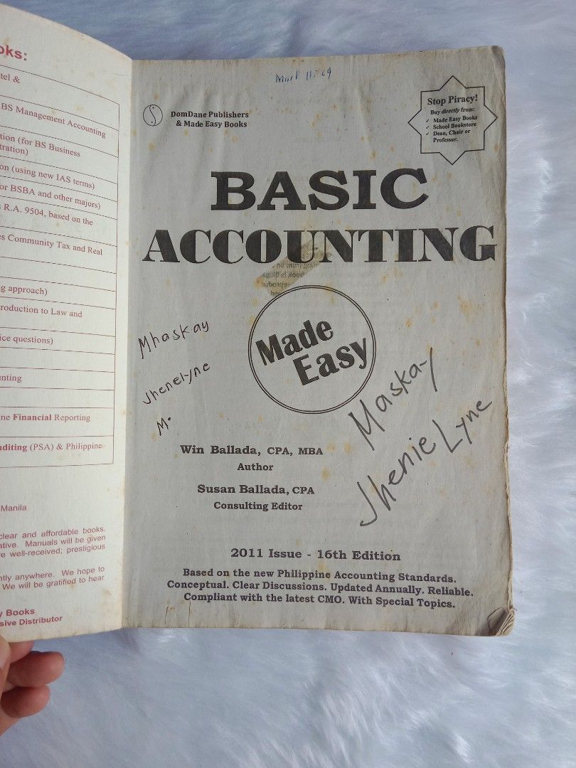basic accounting preloved book (Category: Textbooks) located in Bontoc. Submitted by irene_banganan (Listing ID 1459866763, Image 3). Description: basic accounting preloved book with names pero pwede erase or coveran still in good condition.
