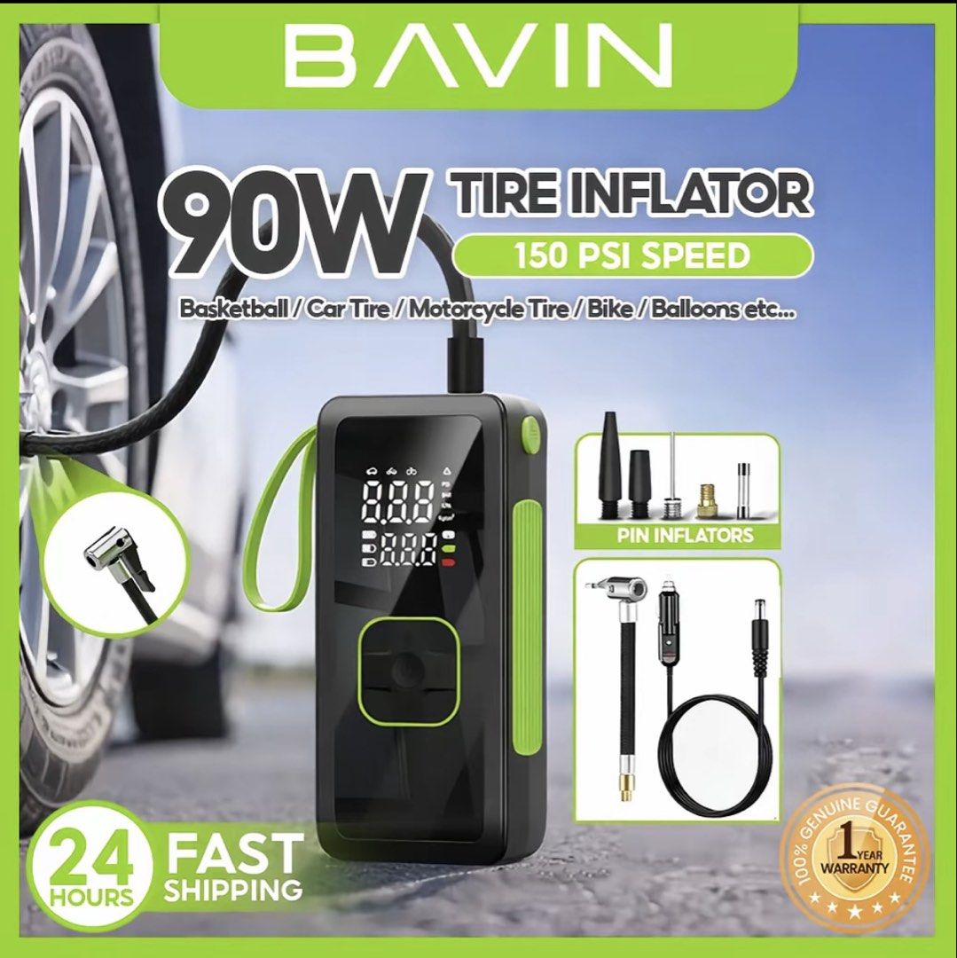BAVIN 90W Portable Air Compressor 150 PSI Fast Inflate (Category: Other Automotive Parts and Accessories) located in Taguig. Submitted by moskato1015 (Listing ID 1459845488, Image 3). Description: - BAVIN Portable Air Compressor (very lightly used) - Powerful 90W motor for fast inflation up to 150 PSI - Ideal for car tires, bicycle tires, basketballs, balloons, and more - Integrated 4500 mAh power bank for emergency phone charging - Auto shut-off