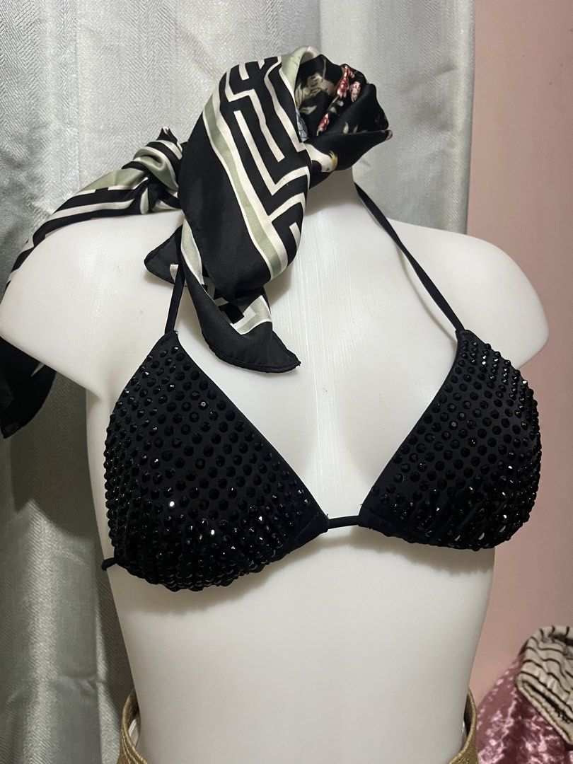 Bershka Black Embellished Bikini Top (Category: Bikinis & Swimsuits) located in Cebu City. Submitted by harborclothing29 (Listing ID 1459839314, Image 1). Description: - Sparkly black bikini top adorned with shiny black rhinestones. - Comes with a patterned scarf that can be worn around the neck or as a headscarf. - Ideal for beach or pool days. - Unique and eye-catching design..
