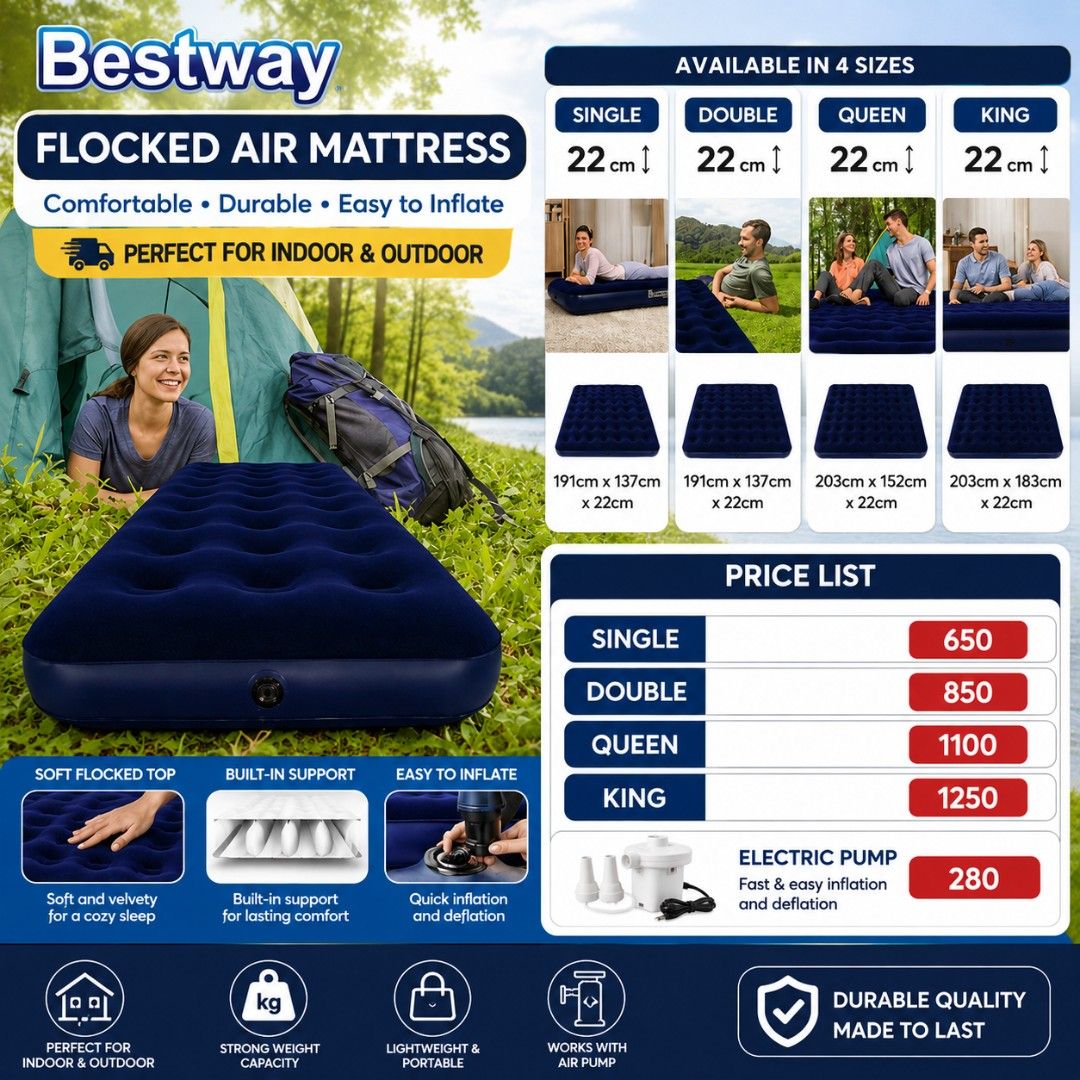 Bestway Airbed (Category: Bed Frames & Mattresses) located in Manila. Submitted by lyfrancois14 (Listing ID 1459789274, Image 1). Description: BESTWAY AIR BED ✅67000-₱650 ✅67002-₱850 ✅67003-₱1100 ✅67004-₱1250 Electric pump 280 Manual pump 230.