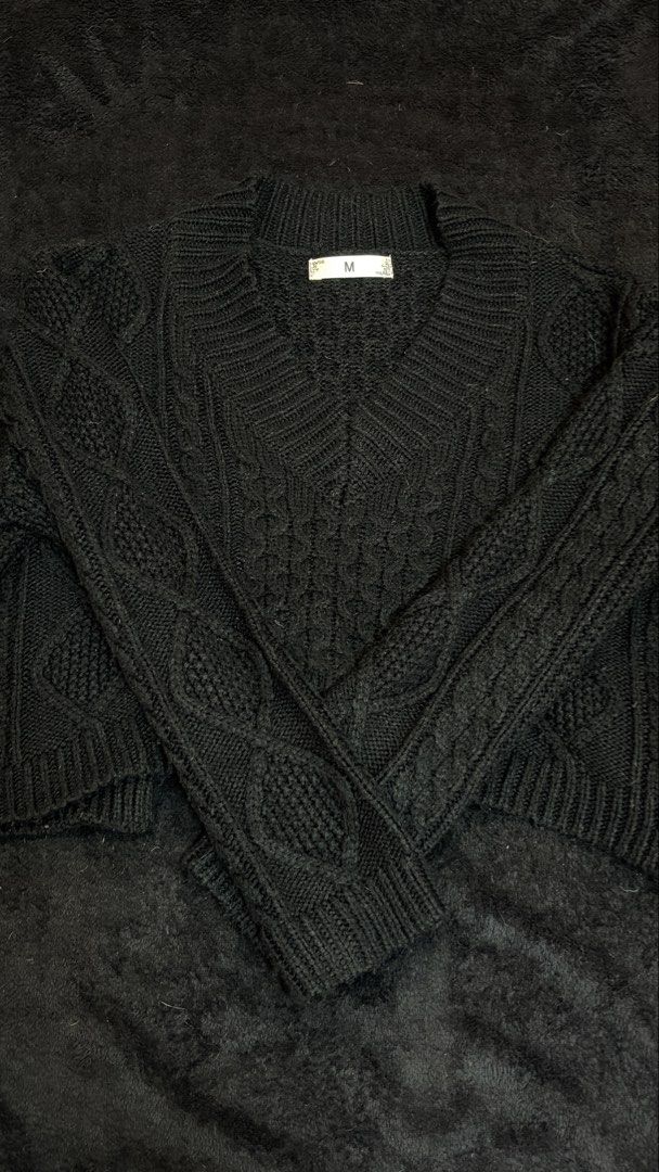 Black Cable Knit V-Neck Cropped Sweater Self-Tie (Category: Coats, Jackets and Outerwear) located in Pasig City. Submitted by kimberlytorralba (Listing ID 1459854393, Image 1). Description: - Intricate cable patterns - Long sleeves with ribbed cuffs - No issues - Dm for more pics if ever - Fits XS-S - MOP: GCash/Maya/GoTyme - MOD: Lalamove/Moveit/Angkas (c/o buyer).