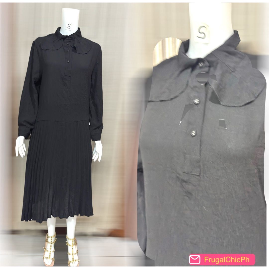 Black Collared Pleated Midi Dress (Category: Dresses) located in Cotabato. Submitted by thefashionproject88 (Listing ID 1459731235, Image 1). Description: - Classic black midi dress - Features a Peter Pan collar - Long sleeves - Button-up front - Fully pleated skirt - Versatile for work or casual outings - Easy to dress up or down Mine: Php 150 ☝🏻accessories not included Mannequin’s Height is 5’8” W/ Vital Stat: Bust 32”, Waist 25”, Hips 32” Not