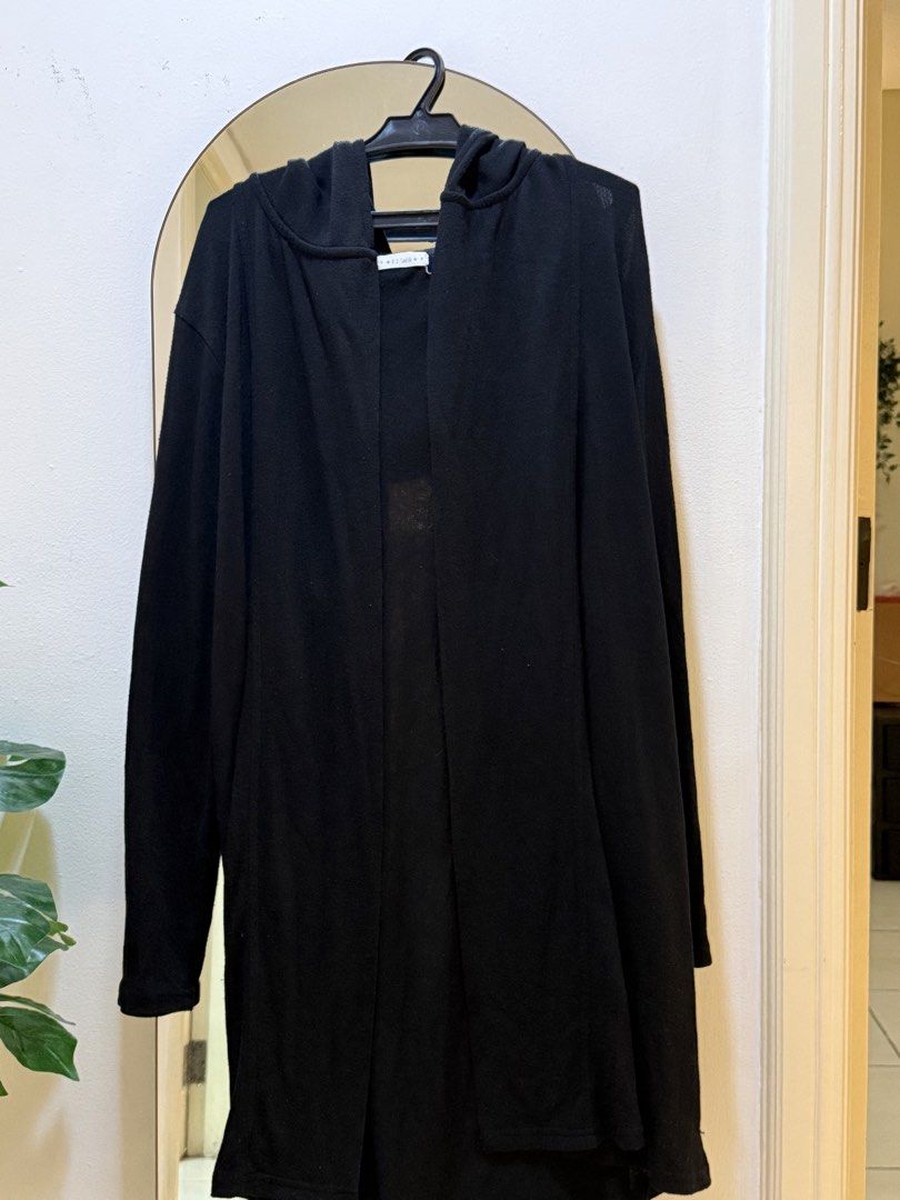 Black Hooded Longline Cardigan (Category: Coats, Jackets and Outerwear) located in Makati City. Submitted by nemkd (Listing ID 1459718912, Image 1). Description: - Black hooded cardigan - Longline cut - Open front style - Soft, lightweight material - Ideal for layering over outfits - Easy casual wear.
