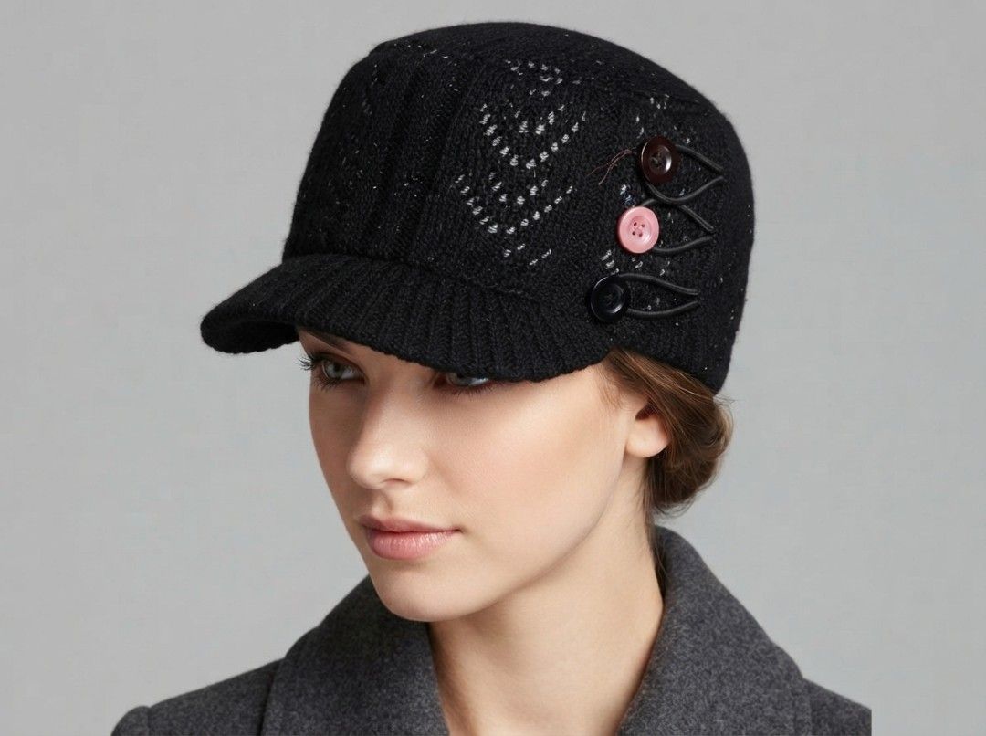 Black Knit Cadet/Military Style Cap (Category: Hats & Beanies) located in Binangonan. Submitted by yuristalin888 (Listing ID 1459826417, Image 1). Description: This cozy black knit cadet/military-style cap features a textured knit pattern with subtle grey speckling, a flat-top crown, and a curved brim. It is uniquely accented on the side with three decorative buttons in contrasting colors secured by looped cords..
