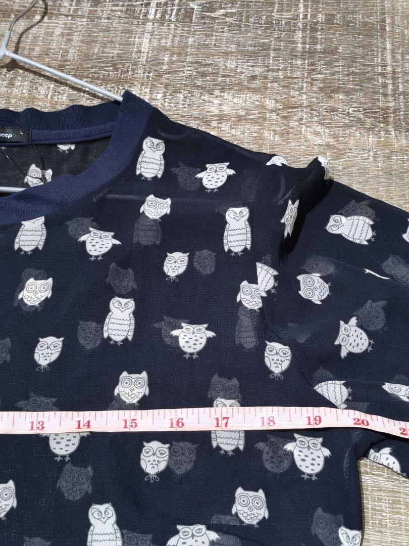 Black Sheep Owl Print Sheer Top Size L (Category: Blouses) located in Tarlac. Submitted by momma02 (Listing ID 1459770278, Image 3). Description: - Adorable sheer top with an all-over owl print. - Features a classic neckline and cuffs. - Comfortable short sleeves. - Versatile for layering or standalone wear. - Approximate measurements: 20 inches across the chest, 22 inches in length. Color: Black.