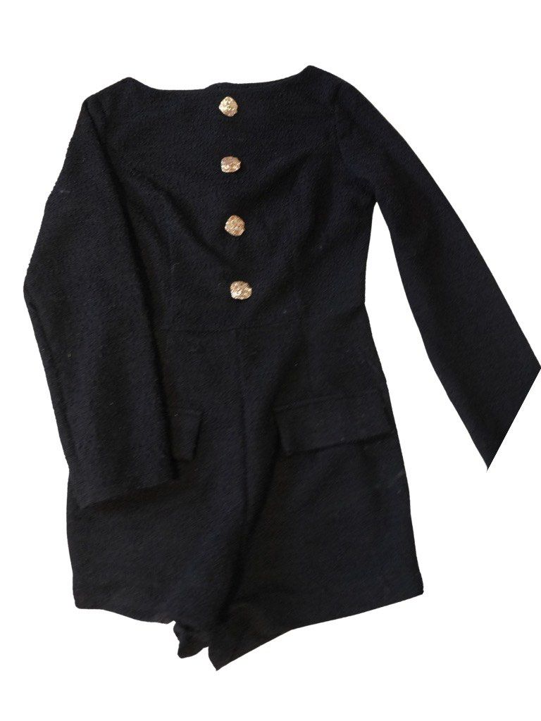 Black Textured with Gold Buttons Jumpsuit (Category: Coats, Jackets and Outerwear) located in Manila. Submitted by declutter.yna (Listing ID 1459737573, Image 1). Description: - Black textured jumpsuit - Long sleeves - Boat neckline .