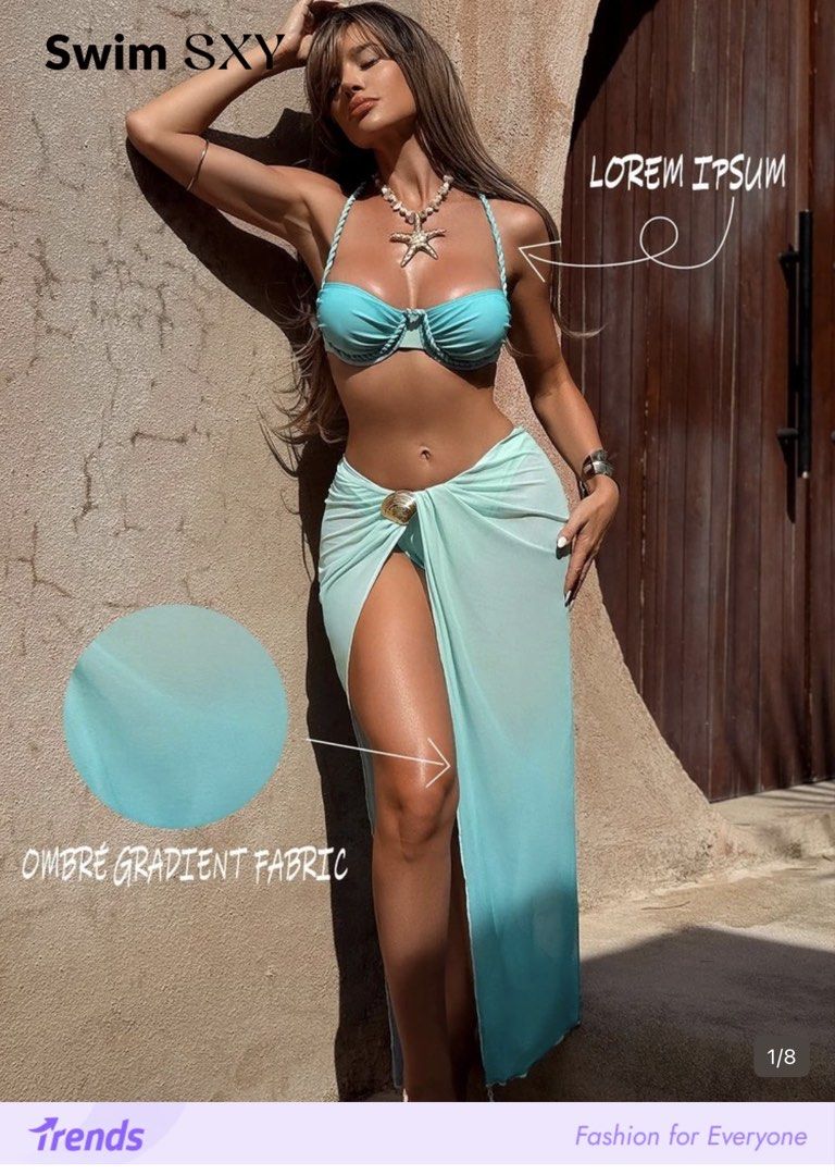Blue Ombre Bikini Set with Matching Sarong (Category: Bikinis & Swimsuits) located in Caloocan City. Submitted by zandrarubio (Listing ID 1459725348, Image 2). Description: - Super cute blue ombre bikini set - Matching sheer sarong that ties at the waist - Beautiful gradient fabric (deep blue to turquoise) - Braided straps on bikini top - Clasp closure for secure fit - Lightweight and flowy sarong.
