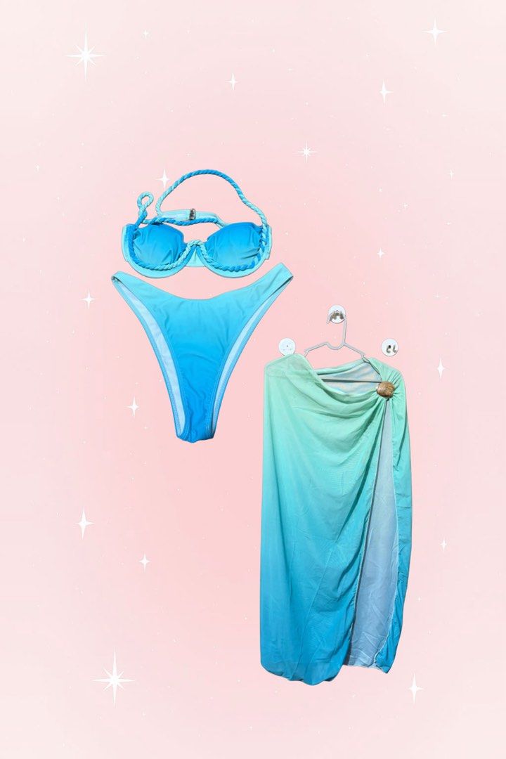 Blue Ombre Bikini Set with Matching Sarong (Category: Bikinis & Swimsuits) located in Caloocan City. Submitted by zandrarubio (Listing ID 1459725348, Image 1). Description: - Super cute blue ombre bikini set - Matching sheer sarong that ties at the waist - Beautiful gradient fabric (deep blue to turquoise) - Braided straps on bikini top - Clasp closure for secure fit - Lightweight and flowy sarong.