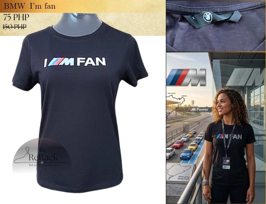 BMW M Fan T-shirt (Category: Shirts) located in Calamba. Submitted by rackme (Listing ID 1459740983, Image 1). Description: - Black BMW M fan t-shirt - Features iconic M logo and "I'm Fan" text - Comfortable and stylish for everyday wear - Ideal for any BMW enthusiast - Show your passion for BMW M.