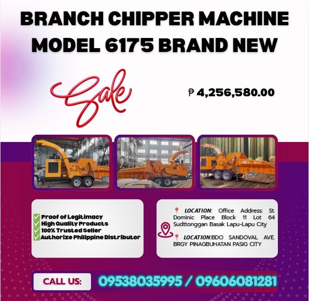 Branch Chipper Machine Model 6175 brand new (Category: Home Improvement Tools & Accessories) located in Caloocan City. Submitted by boldhawk_09f8ee (Listing ID 1459719312, Image 1). Description: •Model:6175 •Feeding Size(mm):400mm/15.8inch •Discharge Size (mm):5-12mm •Diesel Engine Power :240HP 6-cylinder •No. of Blade : H15/8 •Output Port : 360degree •Minimum Inlet Size(mm): 600*500mm •Capacity (kg/h) :8000*9000 •Fuel Tank Volume :120L •Hydrauli
