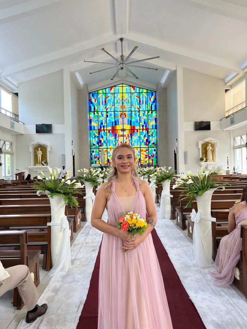Bridesmaid Dress (Category: Evening dresses & gowns) located in Rizal. Submitted by 411tatedgirl (Listing ID 1459797195, Image 2). Description: - Used once for a wedding - With inner tube - Rose gold Mesh material with inner lining - XS to Medium fit - Im 4’11, i wore it with 6 inches heels and mahaba pa din yung skirt sakin.