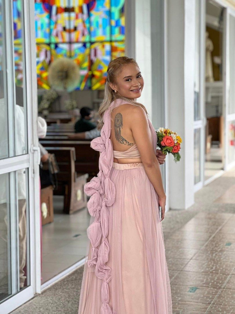 Bridesmaid Dress (Category: Evening dresses & gowns) located in Rizal. Submitted by 411tatedgirl (Listing ID 1459797195, Image 1). Description: - Used once for a wedding - With inner tube - Rose gold Mesh material with inner lining - XS to Medium fit - Im 4’11, i wore it with 6 inches heels and mahaba pa din yung skirt sakin.