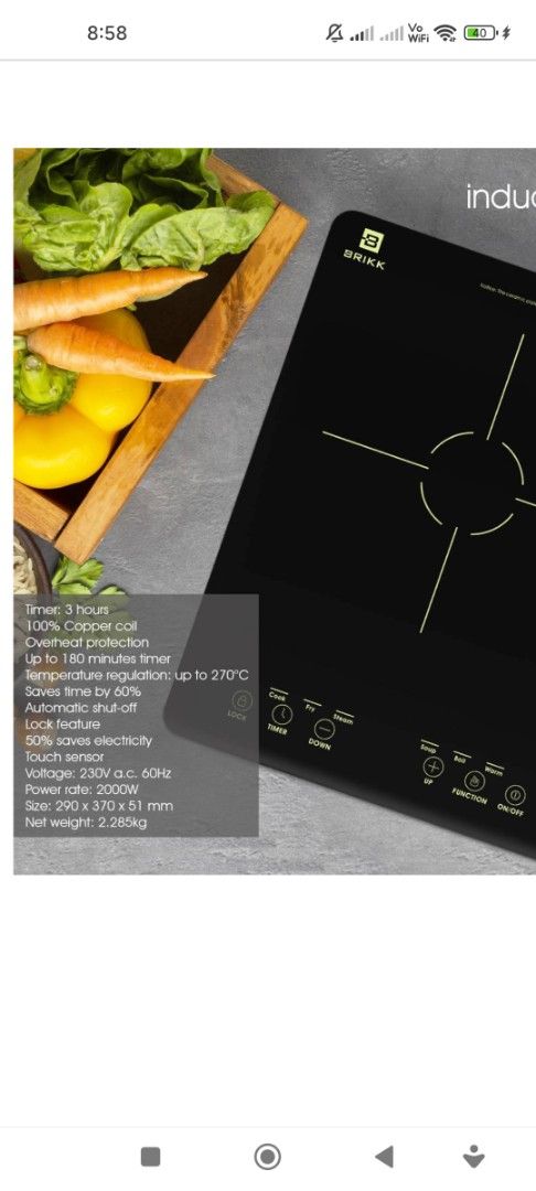 Brikk BIC-CB07 Induction Cooker (Category: Cookers) located in Manila. Submitted by yourbabebelle (Listing ID 1459860306, Image 2). Description: - Brikk Induction Cooker BIC-CB07 - Powerful 2000W - 100% Copper Coil for durability - Overheat Protection for safety - Precise Temperature Control up to 270°C - Convenient Timer function - Child Lock feature - Automatic Shut-off for peace of mind - Energy Saving design - Easy-to-use Touch Sensor Control