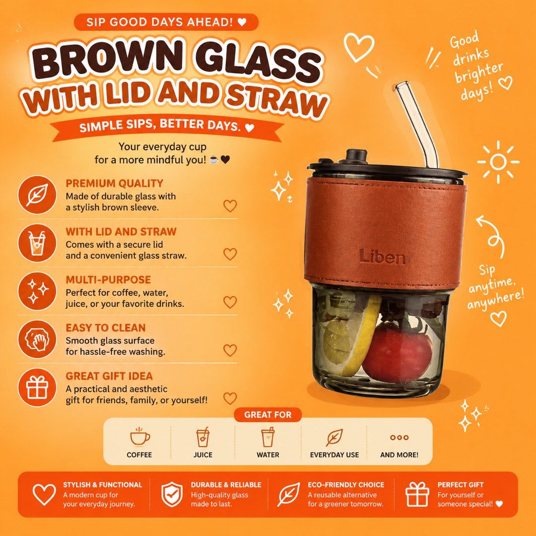 Brown Glass with Lid and Straw (Category: Water Bottles & Tumblers) located in Navotas City. Submitted by ohyeinz (Listing ID 1459859567, Image 1). Description: * Brown Glass with Lid & Straw – Stylish and practical drinkware designed for everyday use. * Reusable & Eco-Friendly – A great alternative to disposable cups. * Secure Lid Design – Helps prevent spills while keeping drinks protected. * Comes with Straw – Convenient for enjoying iced coff
