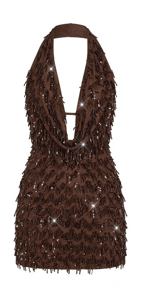 Brown Sequin Halter Neck Mini Dress (Category: Dresses) located in Manila. Submitted by declutter.yna (Listing ID 1459736669, Image 1). Description: - brown mini dress - Halter neck with a deep V-neckline - with fringe and sequins - Ideal for nights out or parties - Eye-catching design for a standout look.