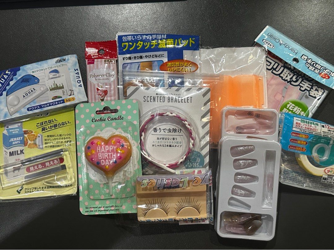 [BUNDLE] False Lashes, Happy Birthday Candle, Scented Bracelet, Nails & More (Category: Hands & Nails) located in Manila. Submitted by sharksfin06 (Listing ID 1459754807, Image 1). Description: - Heart-shaped 'Happy Birthday' candle - Pair of false lashes - Scented bracelet - Set of press-on nails - Polymer clay - Great for DIY projects or personal use - Variety pack for endless fun!.