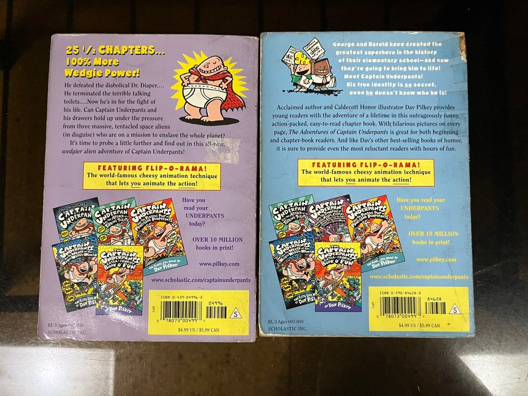 Captain Underpants Books 1 & 3 by Dav Pilkey (Category: Children's Books) located in Manila. Submitted by kim.declutterss (Listing ID 1459765322, Image 2). Description: - Sold as a Set of 2 Captain Underpants books: Book 1 (The Adventures of Captain Underpants) & Book 3 (The Wraith of the Weird Wompers) - Issue: Covers have some signs of wear, yellowed pages, and few pages unattached - Genre: Humorous, illustrated chapter books - Features: Exciti