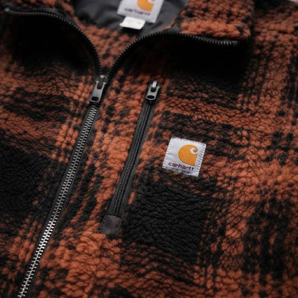Carhartt Plaid Sherpa Lined Bomber Jacket (Category: Coats, Jackets and Outerwear) located in Manila. Submitted by cosmicowl.b5171e (Listing ID 1459822248, Image 2). Description: - Super warm Carhartt jacket - Fuzzy sherpa lining for extra coziness - Classic plaid pattern - Full zip-up front - Two side pockets - One chest zip pocket - Ribbed cuffs and hem for a snug fit - Ideal for cooler weather and everyday wear.