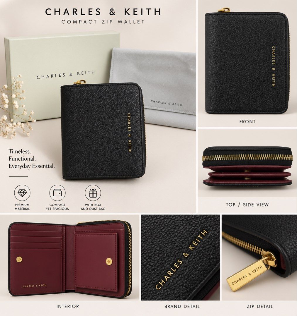 Charles & Keith Compact Zip Wallet Black (Category: Wallets & Card holders) located in Binan City. Submitted by tidytales (Listing ID 1459822520, Image 1). Description: - Brand: Charles & Keith - Type: Compact Zip Wallet - Material: Premium - Features: Spacious interior - Includes: Original box and dust bag - Ideal for: Everyday use.