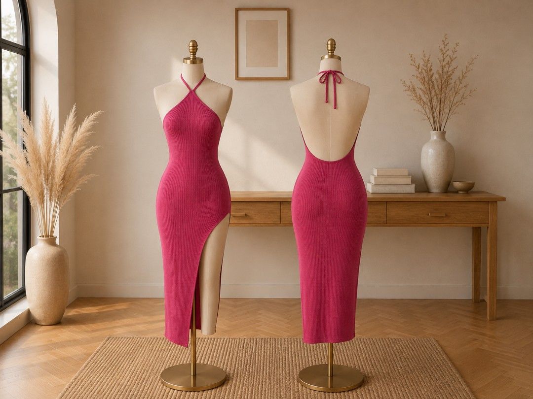 Chiquease Halter Neck Slit Dress (Category: Dresses) located in Mandaluyong City. Submitted by rechelnaparan (Listing ID 1410889490, Image 1). Description: - Halter neck design - Bodycon fit - Midi length - High slit detail - Ribbed knit fabric - Ideal for special occasions.