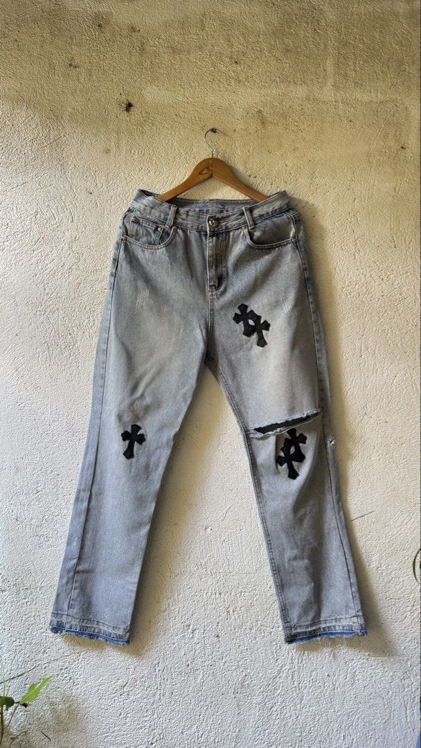 Chrome Hearts Denim (Category: Jeans) located in Lipa City. Submitted by scrap.threads (Listing ID 1459732037, Image 2). Description: Item: Chrome Hearts Denim (OFF) Price: 350 Dimes: Width - 29 Length - 41 Hem - 7.5 Issue: distressing Lipa City Ship via J&T (Shouldered by buyer) Payment via Gcash ***Notice*** Color may vary due to lighting. Payment first. Item/s are thrifted or used condition unless stated otherwise. Please manage your expectati