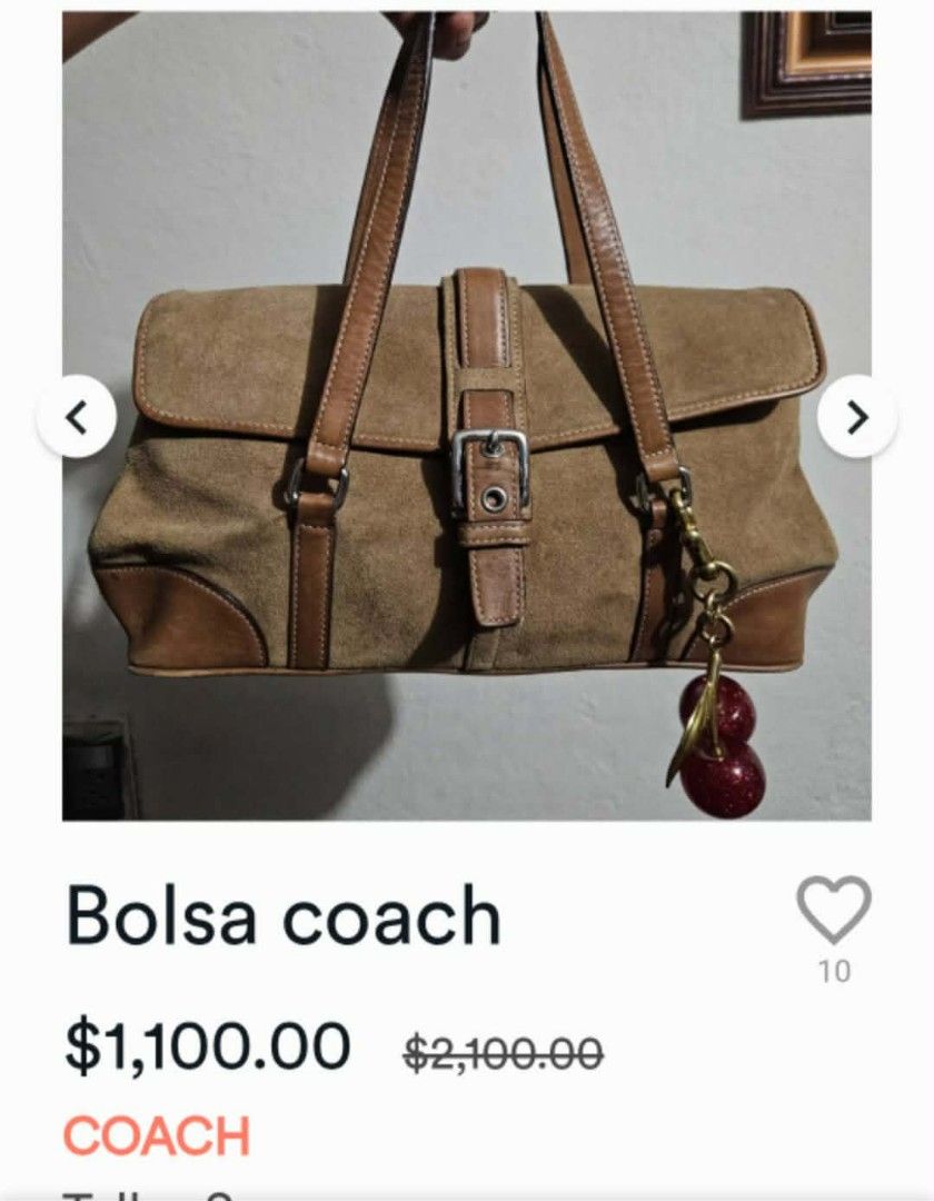 Coach Suede and Leather Shoulder Bag (Category: Luxury Bags & Wallets) located in Tuguegarao City. Submitted by luxthrifttuguegarao (Listing ID 1459716071, Image 1). Description: - Brown suede and tan leather Coach shoulder bag - Secure buckle closure on flap - Adorable cherry charm included - Original dust bag provided - Excellent pre-loved condition.