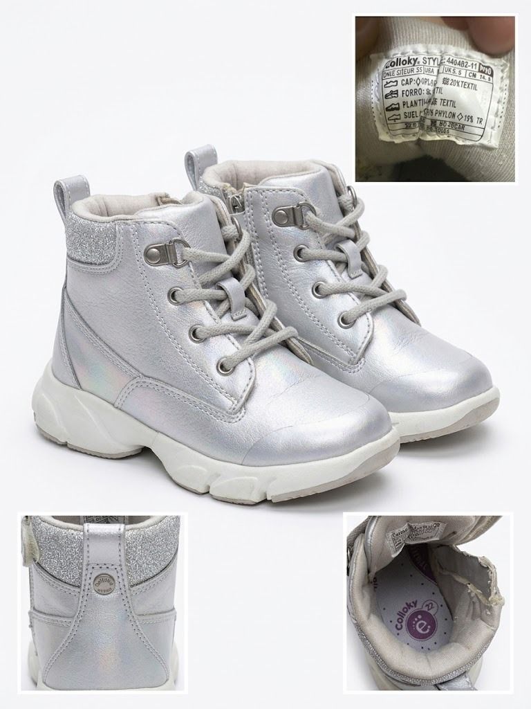Colloky Silver Glitter Lace-Up Zip Boots (Category: Babies & Kids Fashion) located in Manila. Submitted by lagracita (Listing ID 1459755858, Image 2). Description: Brand: Colloky Silver Metallic Ankle Boots – Kids’ Size US 5 Stylish Colloky kids’ ankle boots in a beautiful silver metallic finish with a subtle iridescent/shimmer effect. Details: Size: US 5 / EU sizing shown on tag Color: Silver / metallic Sparkly silver detail around the ankle Lac