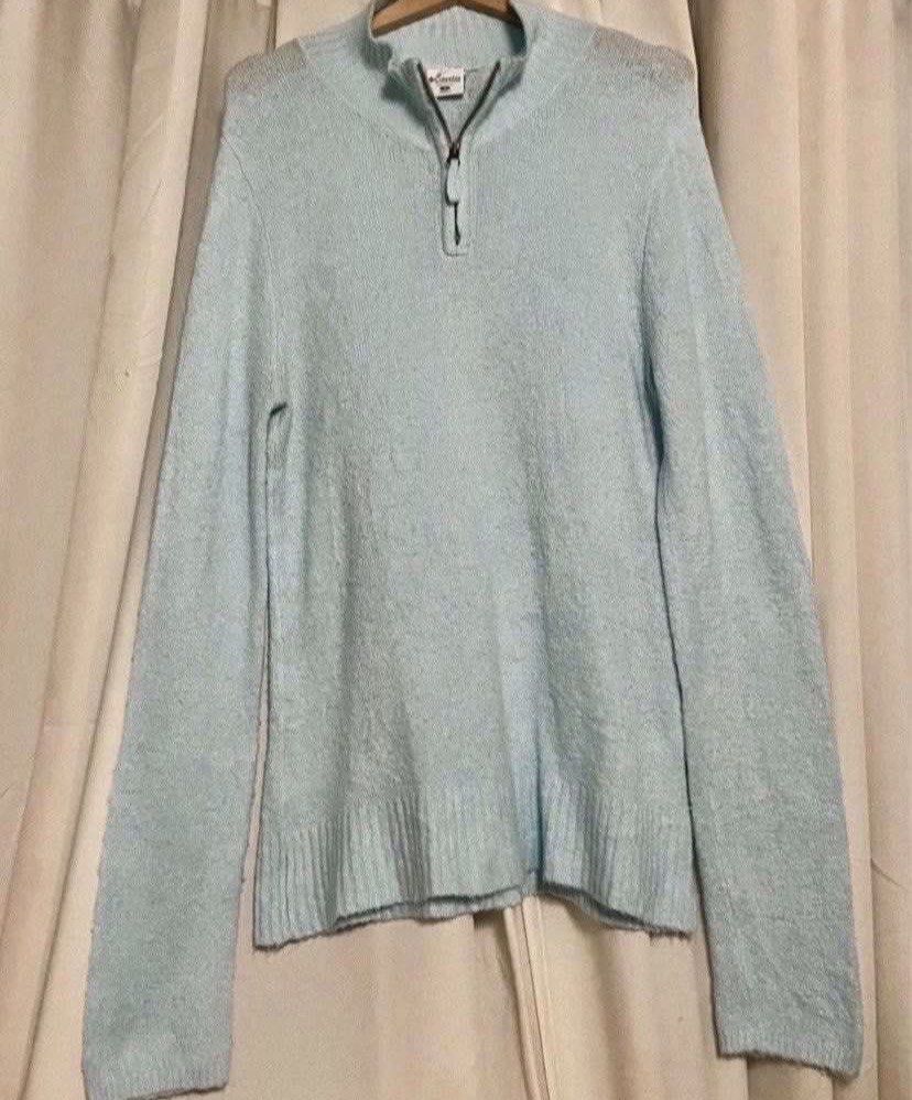 Columbia Light Blue Ribbed Collar Quarter Zip Knitted Sweater Pullover (Category: Longsleeves) located in Caloocan City. Submitted by declutteringph. (Listing ID 1459830527, Image 2). Description: Size S on the tag! Measurements: Dimensions: (inches) Shoulder Width: 20” Bust Width: 21” Body Length: 30” Sleeves Length: 30”.