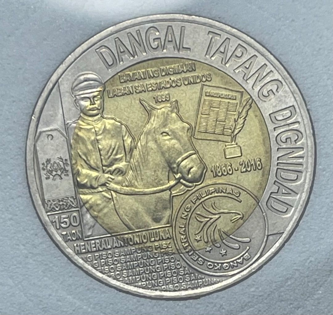 2016 Ten Piso Commemorative coin (Category: Currency) located in Mandaluyong City. Submitted by brightbear_6d8f63 (Listing ID 1459817001, Image 2). Description: Philippines National Hero, Gen. Antonio Luna who fought the Americans during the American occupation of the Philippines..