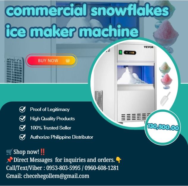 commercial snowflakes ice maker machine (Category: Home Improvement Tools & Accessories) located in Caloocan City. Submitted by 09945233960 (Listing ID 1459715085, Image 1). Description: ●IMS-20 ●Ice production (20°C ambient temperature, 10°C ●water temperature): 20kg ●Ice storage: 5kg ●Ice Form: Snowflake ●Voltage frequency: AC220V/50Hz ●input power: 265W ●Refrigerant/quantity: R134a/95g ●Product dimensions mm: 330*503*607 ●Package dimensions mm