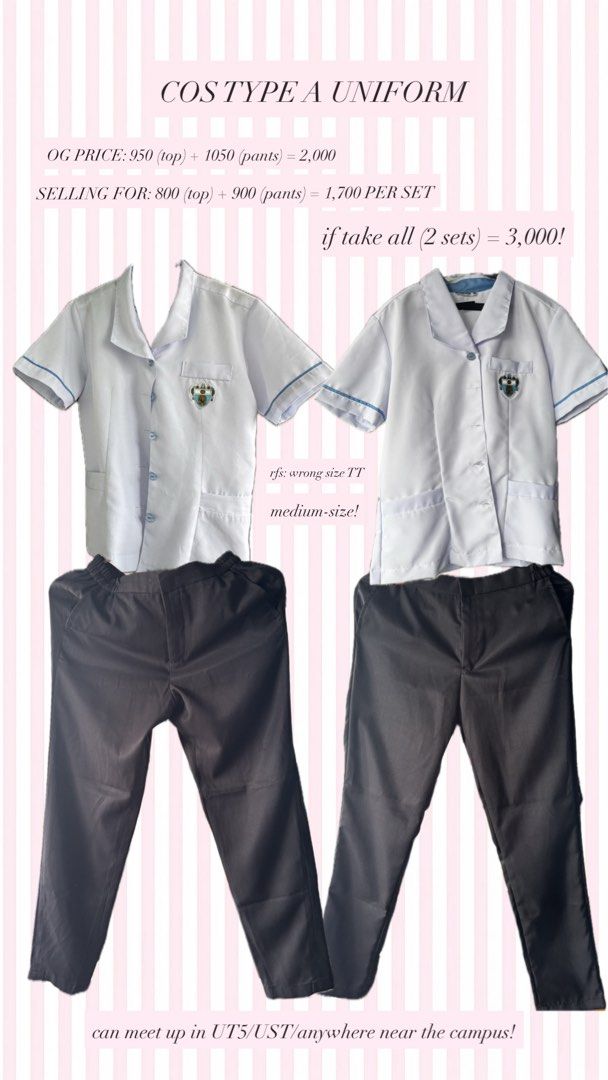 COS Type A Uniform Top and Pants Set (Category: Sets or Coordinates) located in Manila. Submitted by californiamakizenin (Listing ID 1459753608, Image 1). Description: - Brand new uniform sets (Medium size) - Original Price: P2,000 per set - Selling Price: P1,700 per set - Special Offer: P3,000 for both sets! - Reason for Selling: Wrong size - Meetup Locations: UT5/UST or nearby areas.