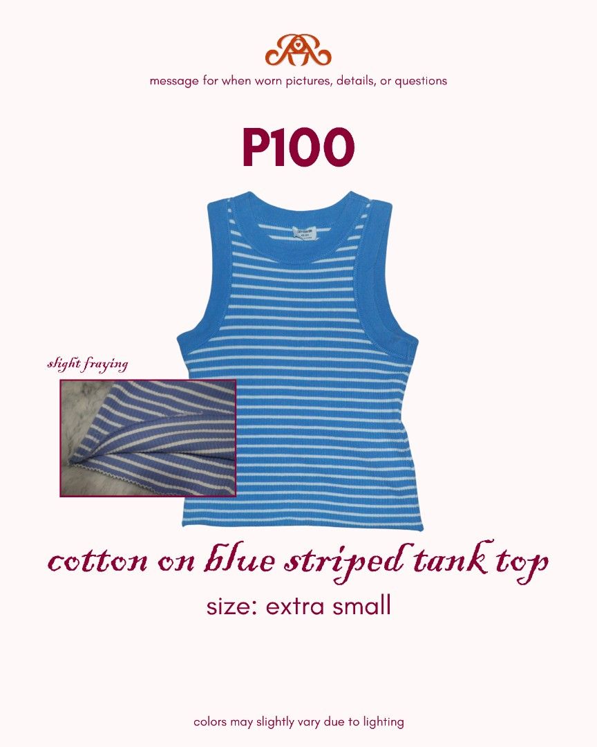 Cotton On Blue Striped Tank Top (Category: Sleeveless) located in Quezon City. Submitted by relviezin_ (Listing ID 1459809387, Image 1). Description: slight fraying on the bottom.