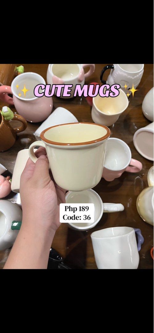 Cute Mugs Collection - Various Designs Available (Category: Coffee & Tea Tableware) located in Cavite. Submitted by thinkerbelle_certified (Listing ID 1459813866, Image 1). Description: - Adorable mugs perfect for coffee or tea. - Features a variety of fun and unique designs. - Adds personality to your kitchen or coffee nook..