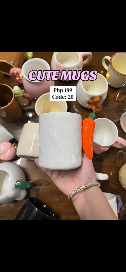 Cute Mugs with Fun Designs - Php 189 (Category: Coffee & Tea Tableware) located in Cavite. Submitted by thinkerbelle_certified (Listing ID 1459811838, Image 1). Description: - Adorable mugs with unique designs - Choose from fun options like carrot handles or cute animals - Ideal for your daily coffee or tea - Makes a great gift idea - Price: Php 189 - Code: 20.