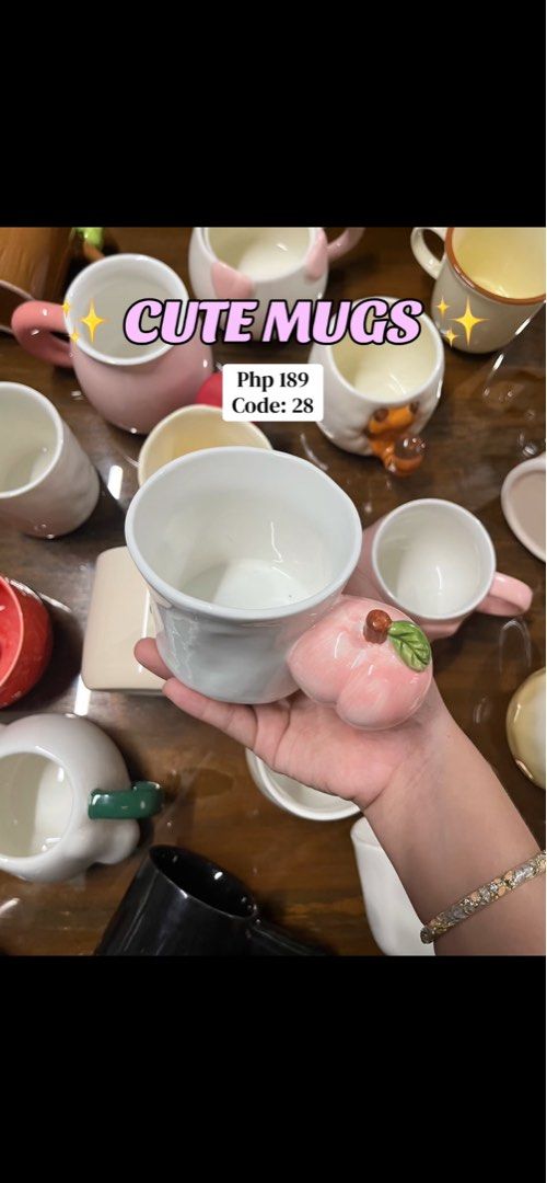Cute Peach Handle Mug - Php 189 (Category: Coffee & Tea Tableware) located in Cavite. Submitted by thinkerbelle_certified (Listing ID 1459813119, Image 1). Description: - Adorable mug with a super cute peach design handle. - Perfect for your morning coffee or tea. - Made of white ceramic and holds a generous amount. - Makes a great gift idea for friends or a treat for yourself..