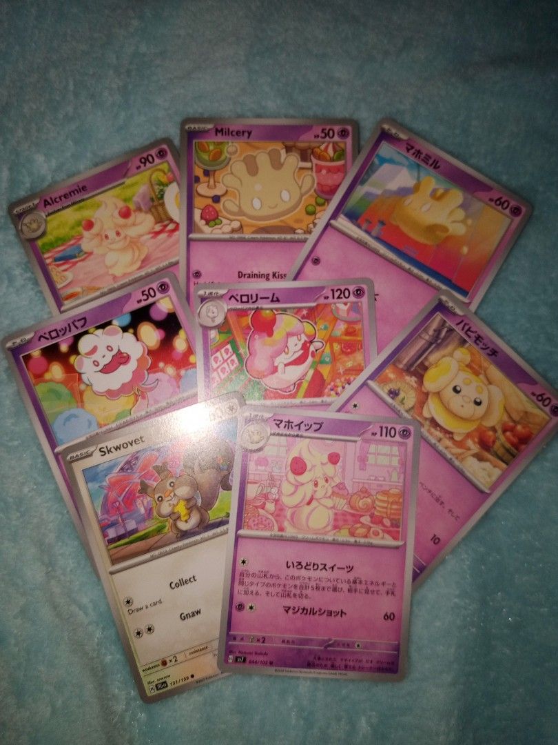 Cute pokemon cards - sweets set (Category: Raw Singles) located in Quezon City. Submitted by ssiww (Listing ID 1459878071, Image 1). Description: SOLD AS SET t. alcremie, fidough, swirlix, sluruff, milcery, skwovet +sf mop: gcash, maya, maribank, or gotyme mod: j&t.