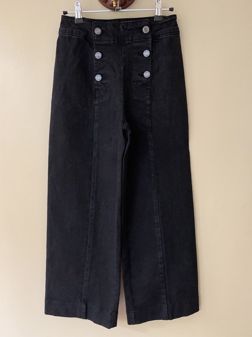Denim Sailor Pants (Category: Jeans) located in Marikina City. Submitted by projectsparkjoy (Listing ID 1459736622, Image 1). Description: Brand: Calliope Color: Black Material: Denim Fit: wide leg 6-button sailor denim pants 2 back pockets; No front pockets Size: XS (25-26 in) In great condition.