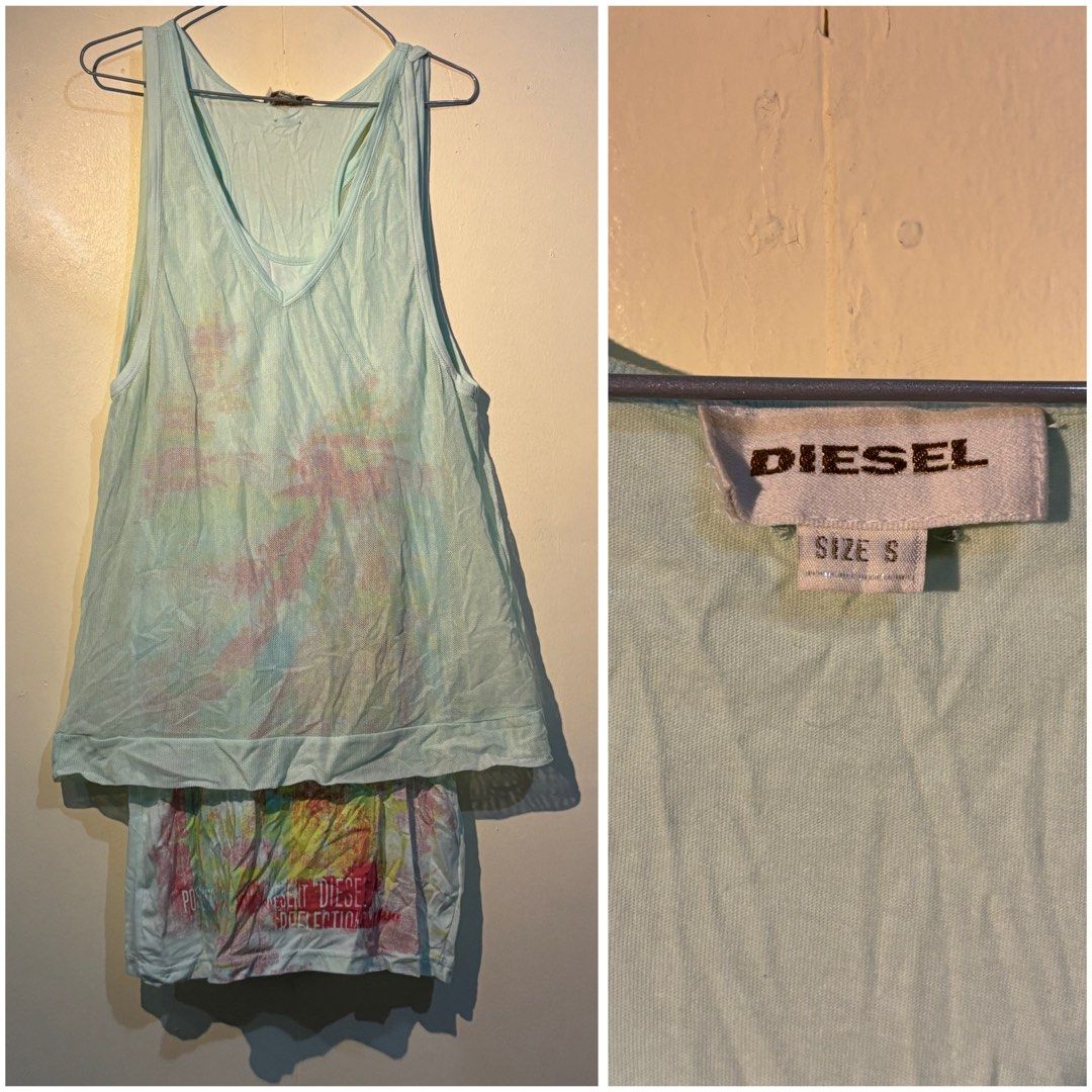 Diesel Tie-Dye Tank Top Size S (Category: Sleeveless) located in Manila. Submitted by deyn20 (Listing ID 1459766252, Image 1). Description: DIESEL NA BRAND AY MAHAL (iykyk) but will sell this for 3h only since di naman pang lahat ang style - Light blue Diesel tank top - Unique tie-dye print - Racerback style - Size S - Layered hem detail - Ideal for casual outfits.
