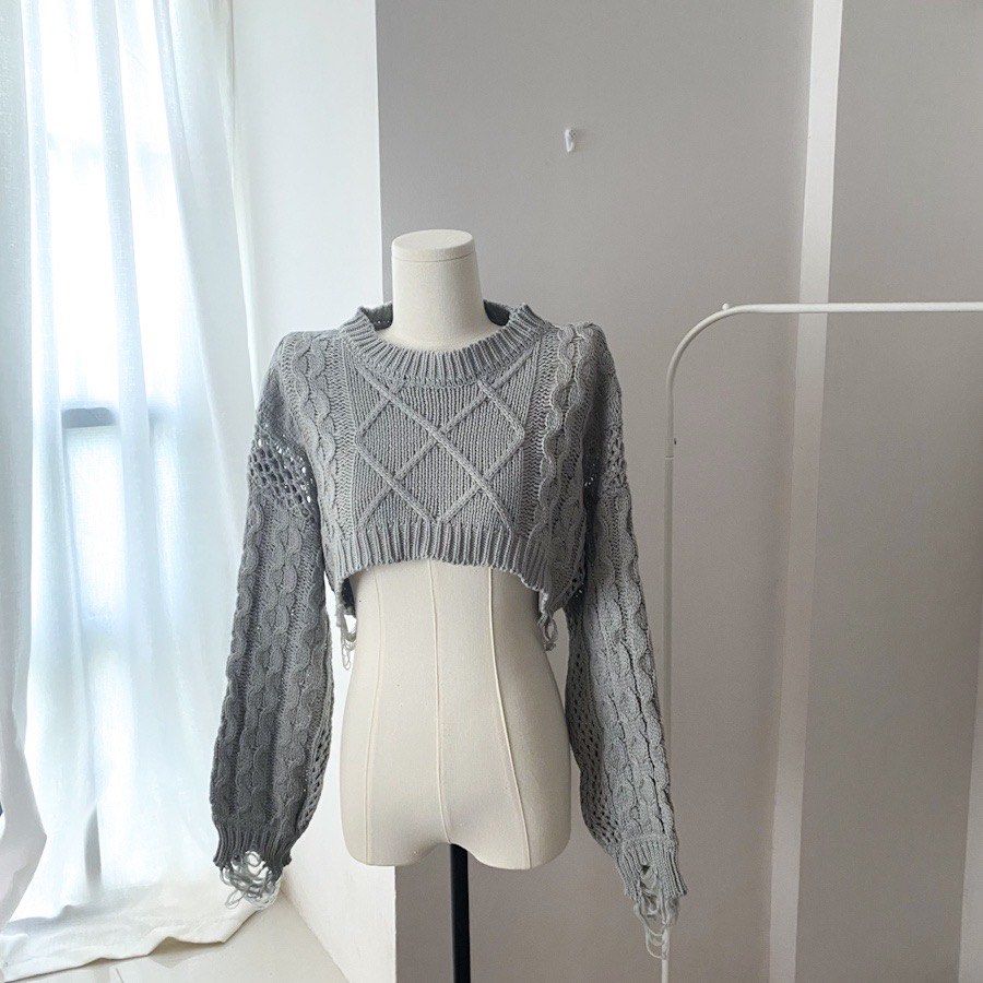 Distressed Cropped Gray Sweater (Category: Coats, Jackets and Outerwear) located in Taguig. Submitted by aglvzz (Listing ID 1459862871, Image 2). Description: - Bought on the orange app - RFS not my style anymore - Negotiable Feel free to DM me for more pics and questions :)).