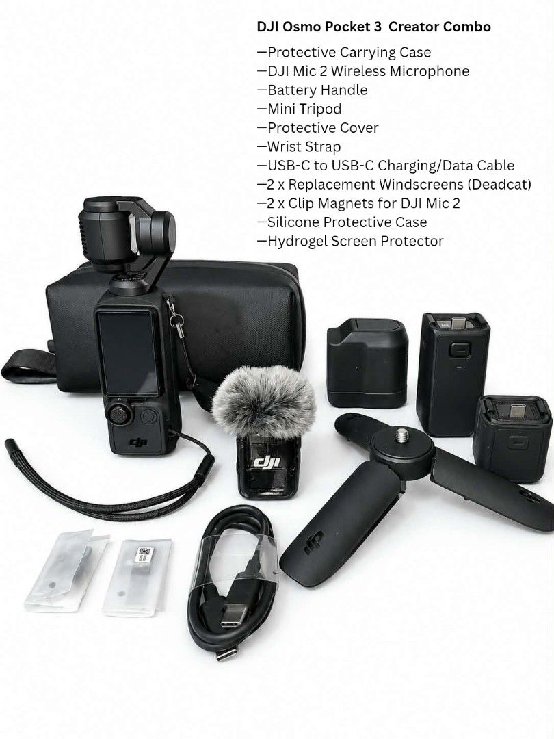 DJI Osmo Pocket 3 Creator Combo - Full Kit (Category: Cameras) located in Lubao. Submitted by marielsm (Listing ID 1459708146, Image 1). Description: - DJI Osmo Pocket 3 Creator Combo - Includes: Camera, Carrying Case, Wireless Microphone, Battery Handle, Mini Tripod - Also comes with: USB-C Cable, Extra Windscreens, Protective Accessories - Everything you need to create amazing video content..