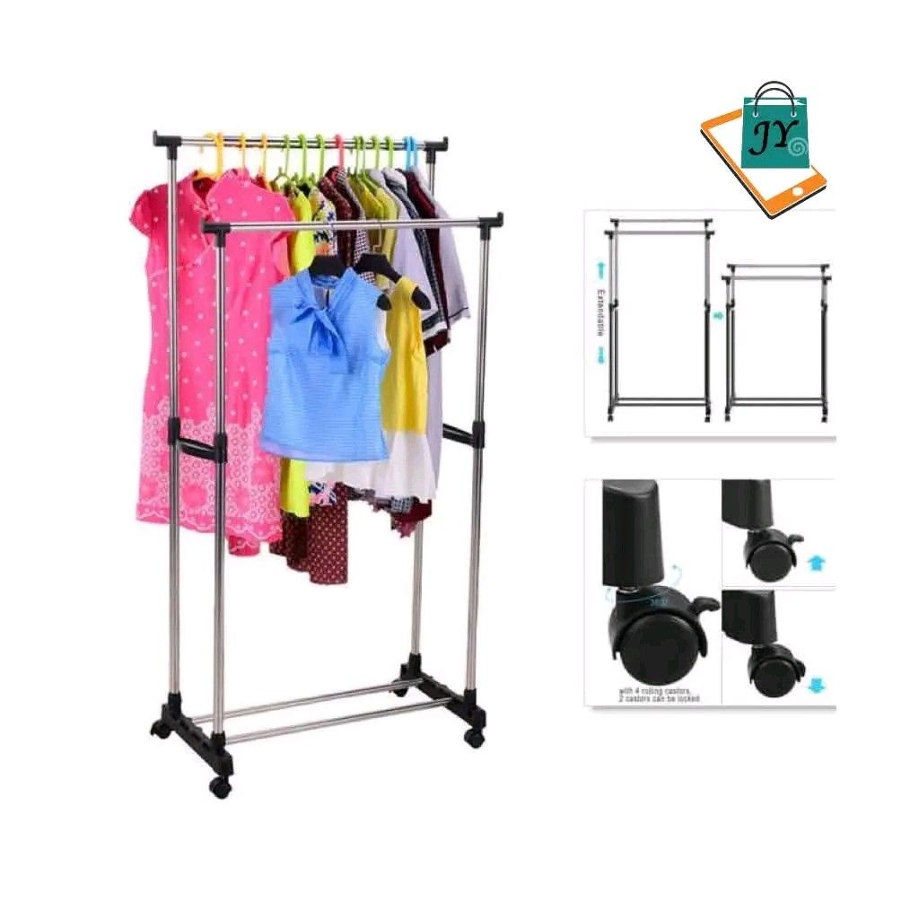 Double Pole Clothes Rack with Wheels (Category: Clothes Drying Rack) located in Manila. Submitted by marvieobordo (Listing ID 1459727848, Image 2). Description: - Adjustable height double pole clothes rack - Easy to assemble with included parts - Features wheels for convenient mobility - Ideal for organizing clothes, towels, and more - Extendable design for increased hanging space - Sturdy and practical solution.