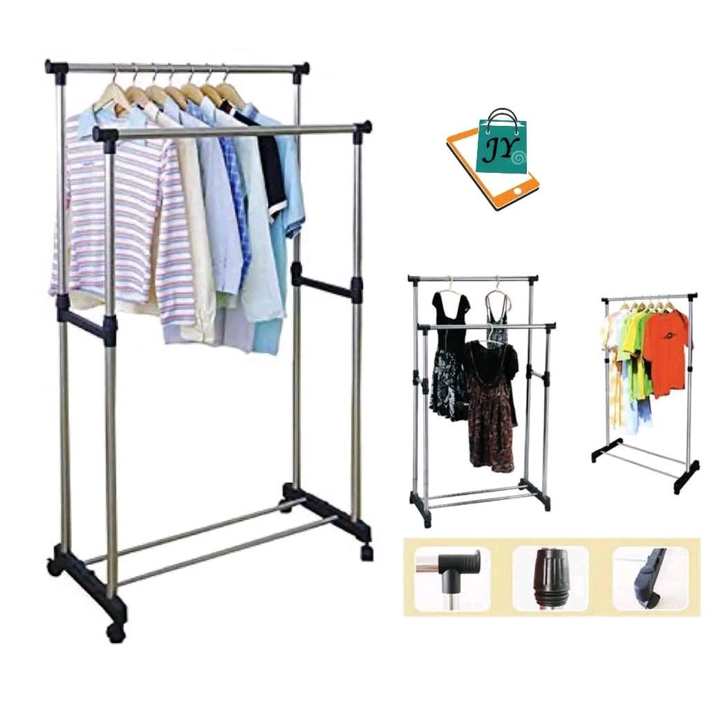Double Pole Clothes Rack with Wheels (Category: Clothes Drying Rack) located in Manila. Submitted by marvieobordo (Listing ID 1459727848, Image 1). Description: - Adjustable height double pole clothes rack - Easy to assemble with included parts - Features wheels for convenient mobility - Ideal for organizing clothes, towels, and more - Extendable design for increased hanging space - Sturdy and practical solution.