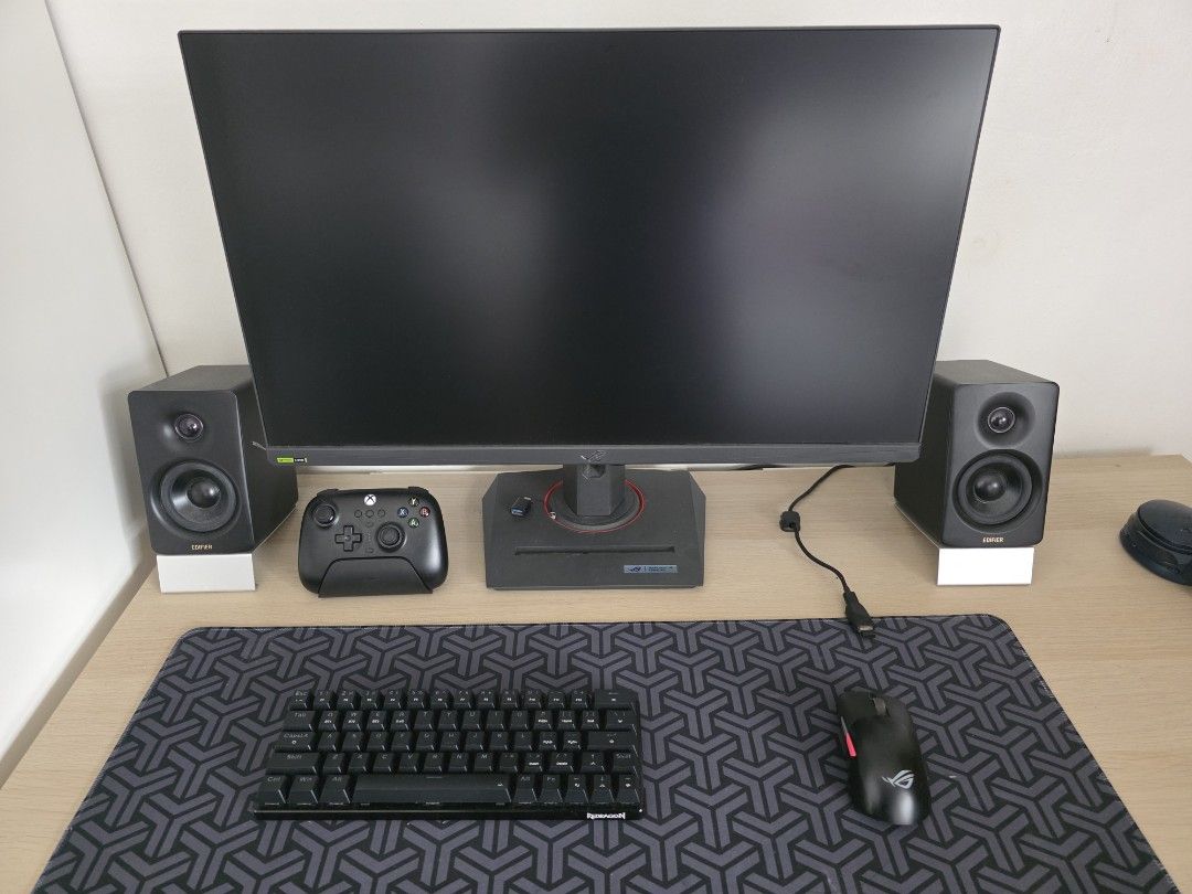 ROG XG27ACS, Edifier Speakers, Xbox Controller, Keyboard, Mouse (Category: Other Accessories) located in Bulacan. Submitted by lonewolf29 (Listing ID 1459716803, Image 1). Description: ROG XG27ACS 180hz 1440p 27inch with Box - 12k fix ROG Keris Wireless - No Box - 2k fix EDIFIER M60 with Box - 4k (sold) 8bitdo Ultimate Xbox with Box - 1.2k fix Redragon Jaxpro Wireless Trimode with Box - 1k fix Freebies if take all only Vesa Mount Mousepad Take al