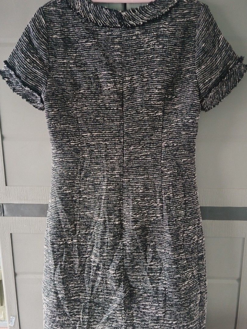 Elegant Tweed Shift Dress (Category: Dresses) located in Naga. Submitted by bitchesabarbie (Listing ID 1459790706, Image 2). Description: Timeless tweed shift dress in sophisticated black & cream textured weave. - ✔ Design: Classic round neckline with frayed trim detailing | Short sleeves with matching frayed cuffs | Two front patch pockets (fully functional!) | Hidden back zipper for a smooth finish | Straight cut, subtly A-line silhouette that 